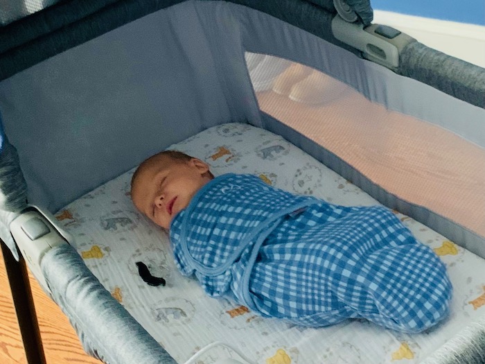 Newborn in Chicco LullaGo Nest Portable Bassinet